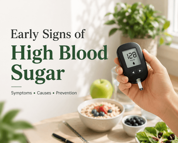 Early signs of high blood sugar with glucose meter and healthy foods.