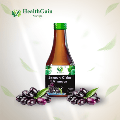 HealthGain Ayurveda Jamun Cider Vinegar with fresh jamun fruits