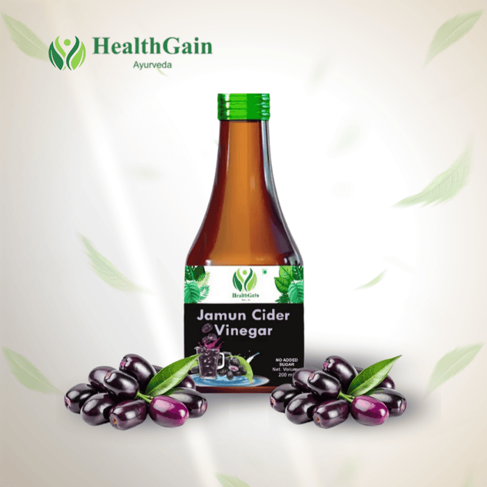 HealthGain Ayurveda Jamun Cider Vinegar with fresh jamun fruits