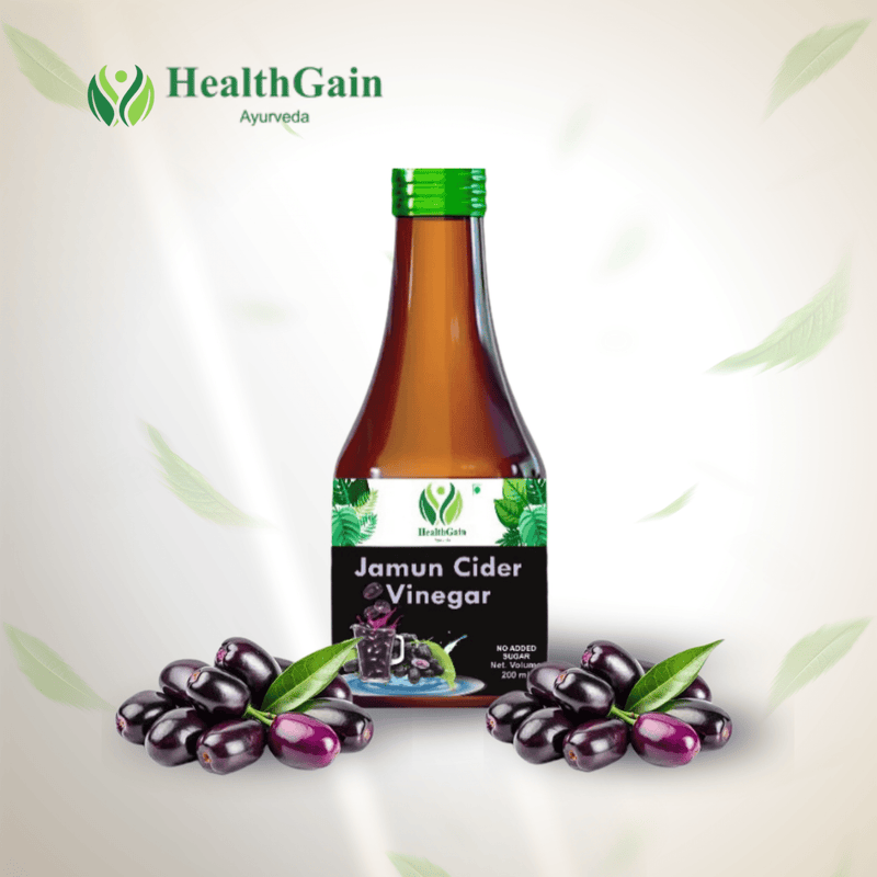 HealthGain Ayurveda Jamun Cider Vinegar with fresh jamun fruits